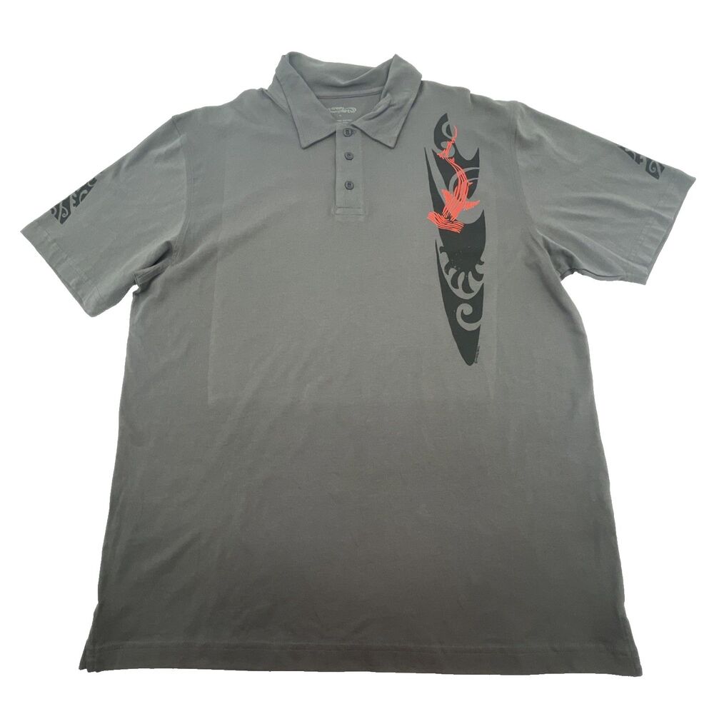 Crazy Shirts Polo Mens XL Gray Hammerhead Shark Hawaiian Tribal Short Sleeve NEW